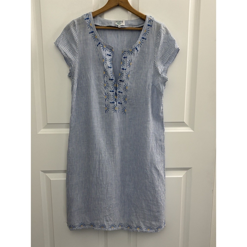 HIHO Tortola Linen Dress M Blue White Stripe Embroidered Fish Beach Resort 0546